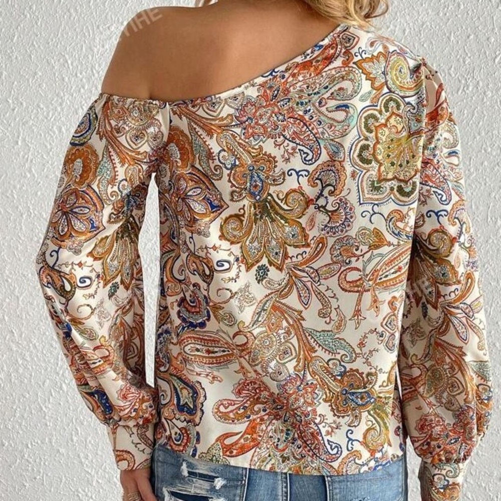 SHEIN Paisley Of the Shoulder Blouse Med Summer Tops,Date Night,Lightweight,Sexy - Picture 2 of 7